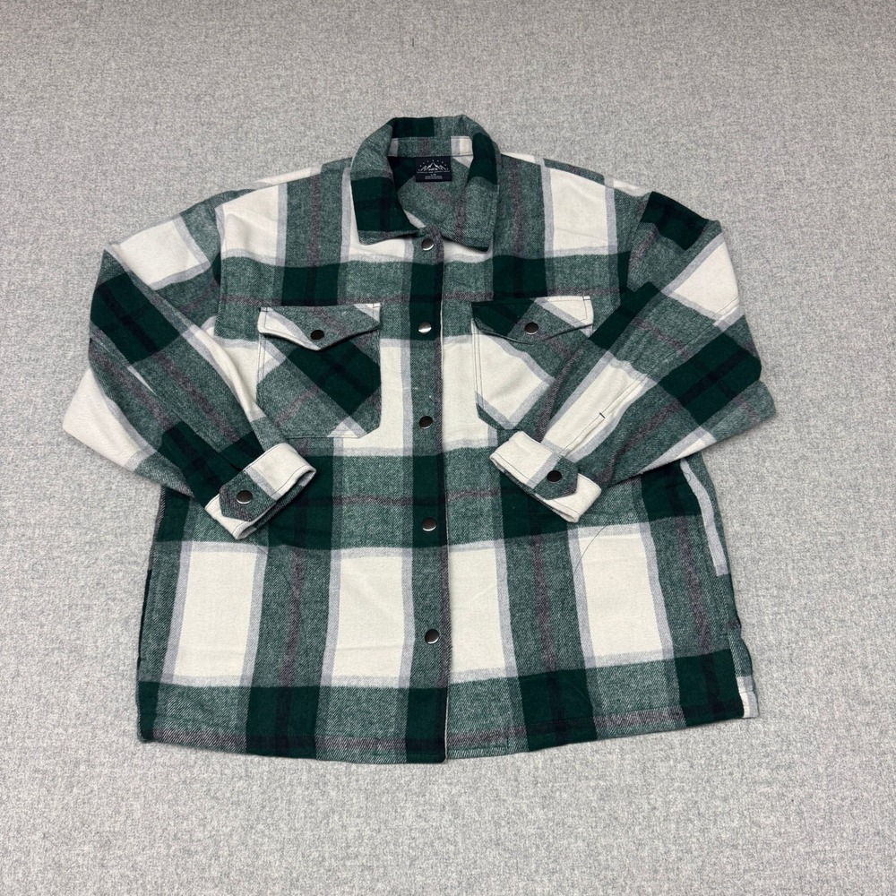 HFX Plaid Flannel Shacket Large Green White Snap Front Chest Pocket Shirt Jacket